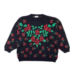80s black floral sweater 1980s vintage